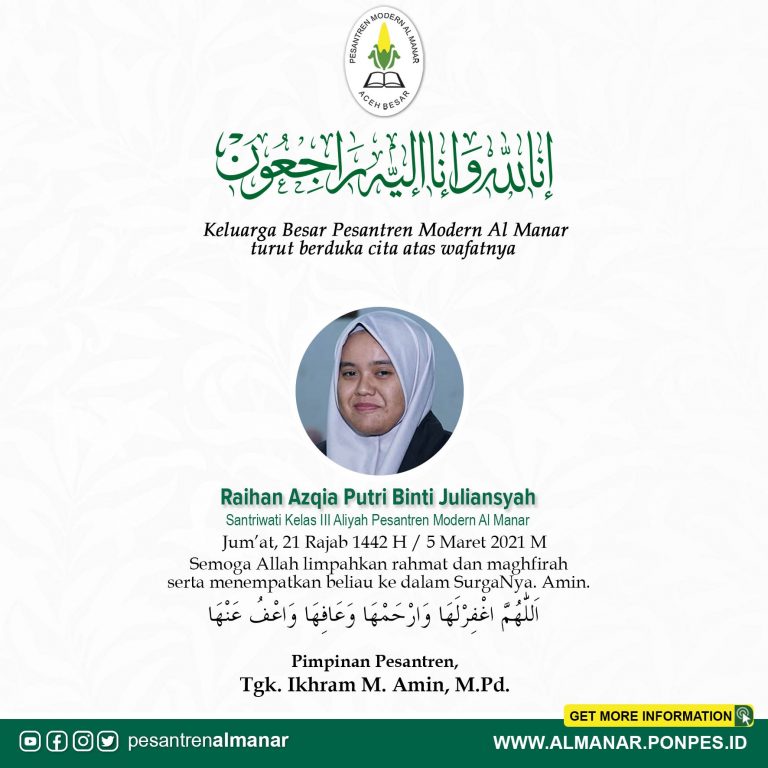 Innalillahi wa Inna Ilaihi Rajiun, Raihan Azqia Santriwati Al Manar Meninggal Dunia